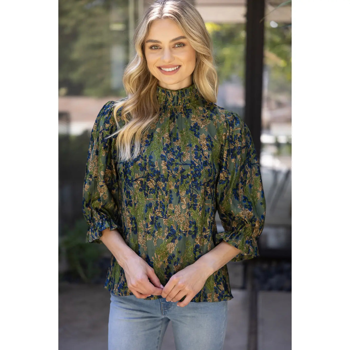 Smocked Mock Neck Pleated Top in Olive