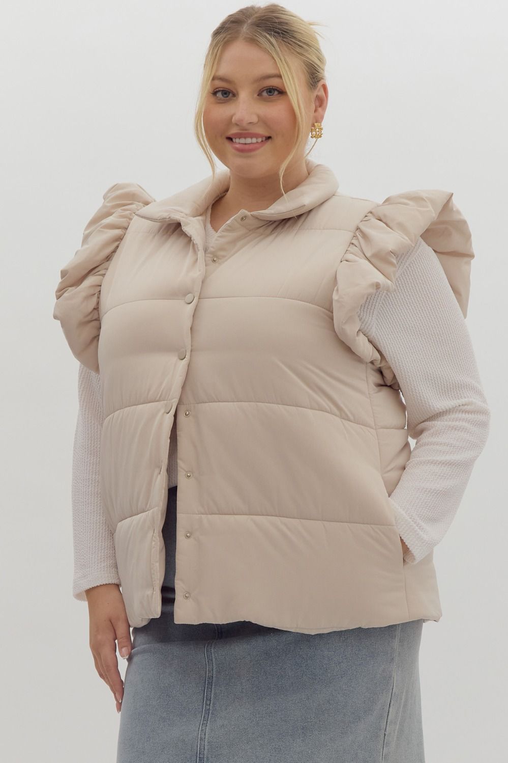 Plus Puffer Vest with Ruffle Sleeve in Sand