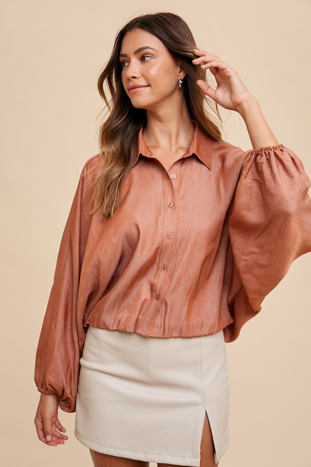 Loose Fit Button Down Blouse in Terracotta