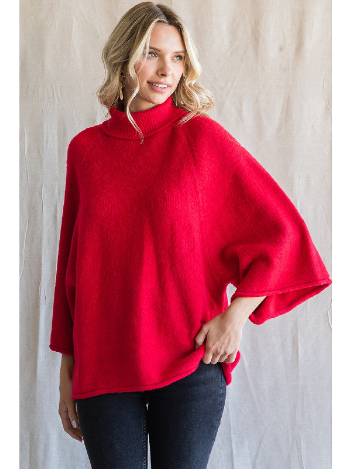 Bell Sleeve Mock Neck Sweater in Tomato Red