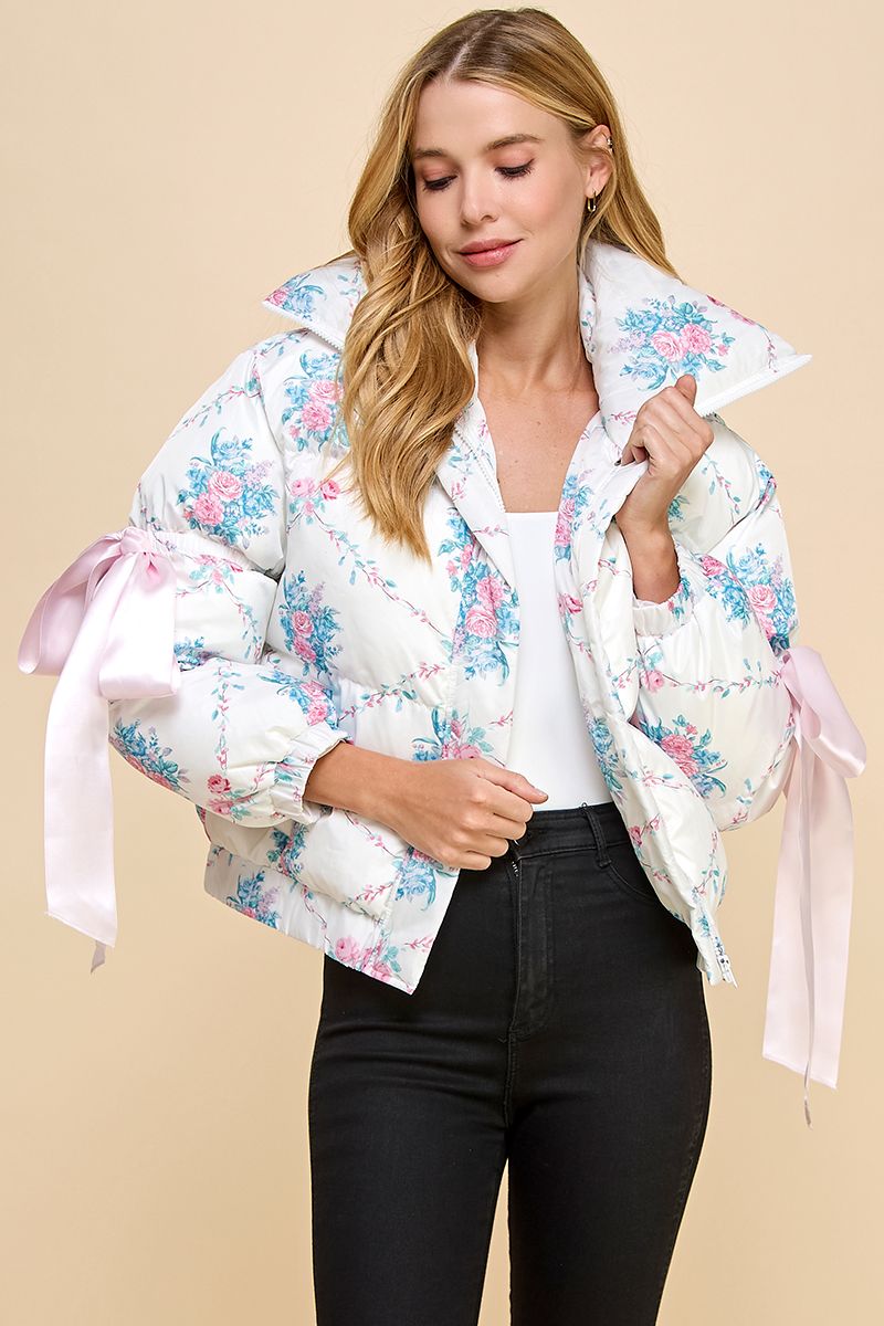 White Floral Puffer Jacket