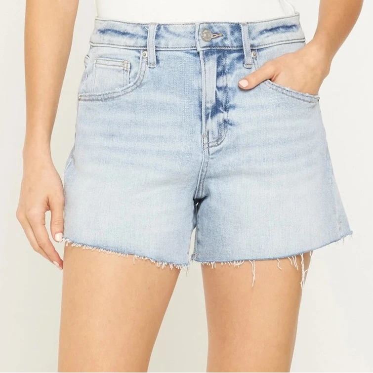 Super High Rise Raw Hem Shorts in Light Mist Blue