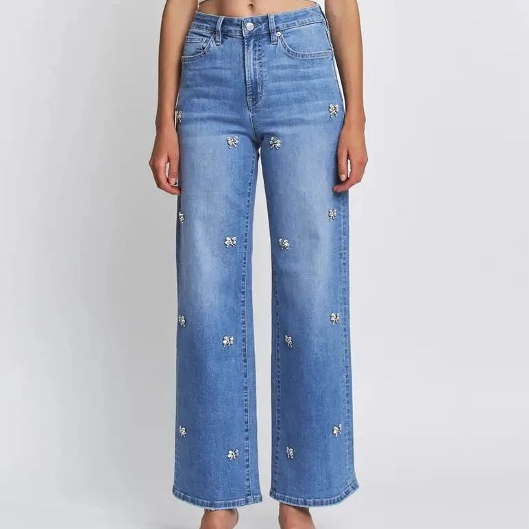 High Rise Wid Leg Embellishment Jeans