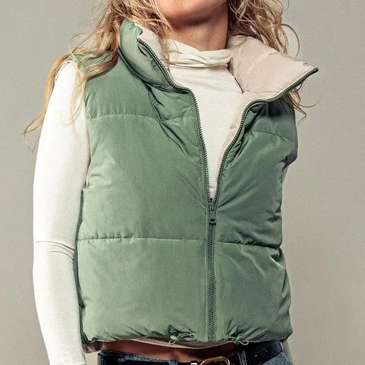 Olive Cropped Puffer Vest